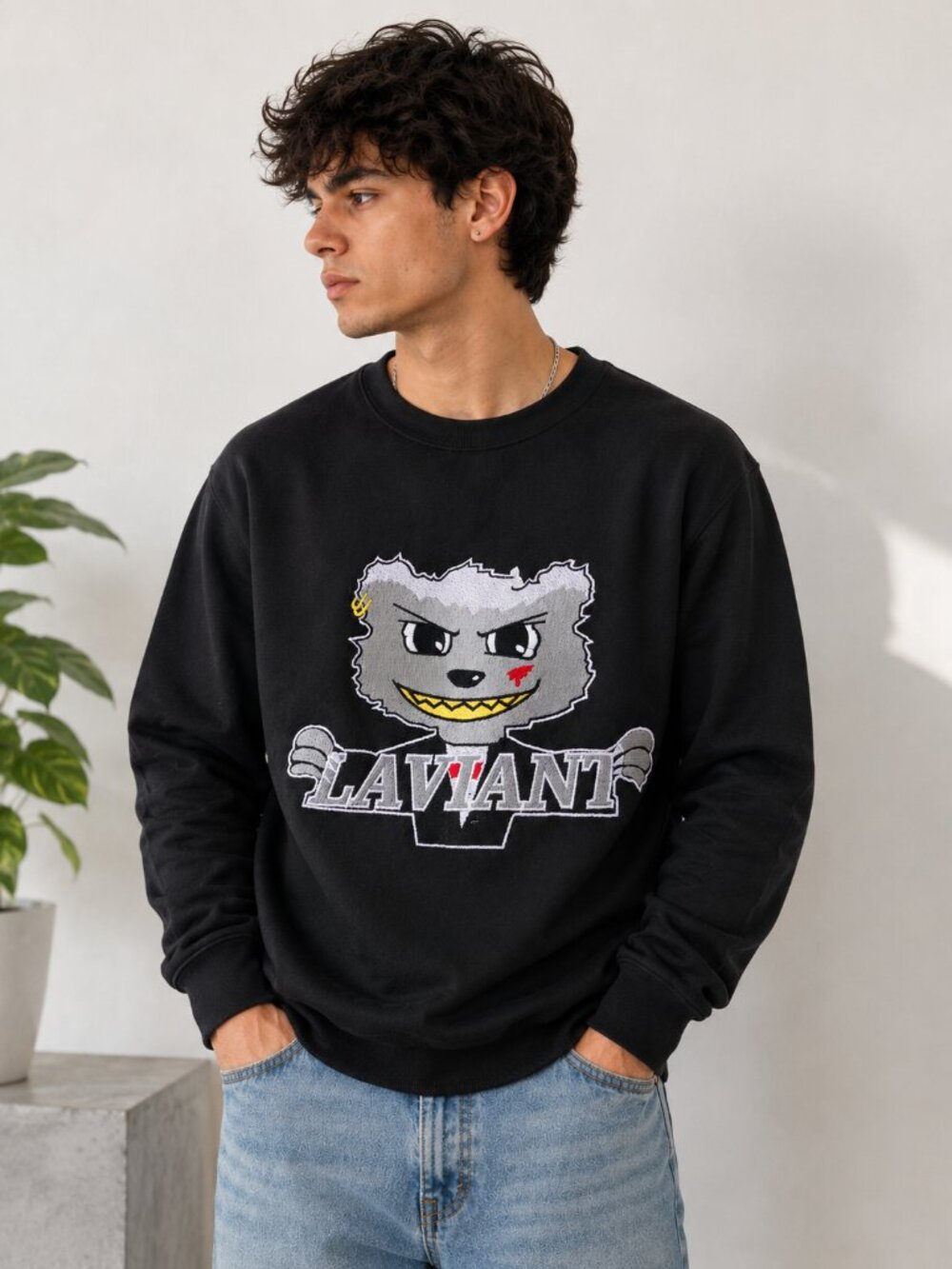 LAVIANT Black Graphic Crewneck Sweatshirt – Men's 2XL – Embroidered Streetwear